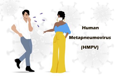 Human metapneumovirus or HMPV.  A young woman wearing a medical mask hands a man a disposable mask, encouraging him to take precautions during the pandemic to prevent the spread of the virus. Vector Not AI generated  clipart