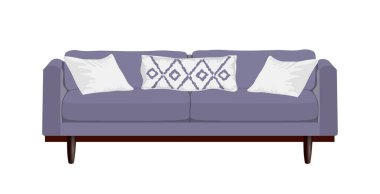 Dekoratif yastıklarla süslenmiş, rahat ve şık bir ortam yaratan bir oturma odası için modern bir kanepe. Oturma odası, ev, ev, daire için mobilya. Beyaz arkaplanda vektör illüstrasyonu. Yapay zeka oluşturulmadı