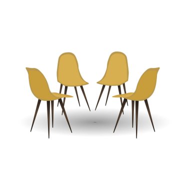 Beyaz arka planda dört tane modern sarı sandalye tasviri. Ofis içi mobilyalar, mutfak ya da yemek odası. Yapay zeka olmayan vektör oluşturuldu