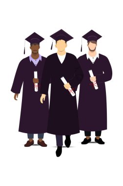 Şapka ve cüppeli üç üniversite öğrencisi diplomalarını tutuyorlar. Eğitim ve mezuniyet konsepti. Yapay zeka olmayan vektör oluşturuldu