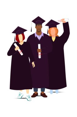 Şapka ve cübbe giyen yüksek lisans öğrencileri diplomalarını ellerinde tutuyorlar. Mutluluk verici bir başarı ve kutlama anı. Yapay zeka olmayan vektör oluşturuldu