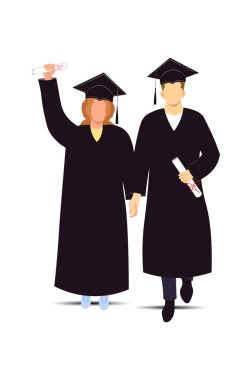 Üniversite öğrencilerinin hayatı. Şapkalı ve cüppeli bir çift el ele tutuşup mezuniyetlerini kutluyor, diplomalarını tutuyorlar. Yapay zeka olmayan vektör oluşturuldu