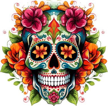 Şeker Kafatası. Ölü Kafatası Günü, beyaz arka planda izole edilmiş. Dia de los Muertos. Meksika şeker kafatası. Logo, amblem, işaret, poster, kart, pankart için tasarım elemanı. Vektör çizimi. Renk