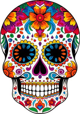 Şeker Kafatası. Ölü Kafatası Günü, beyaz arka planda izole edilmiş. Dia de los Muertos. Meksika şeker kafatası. Logo, amblem, işaret, poster, kart, pankart için tasarım elemanı. Vektör çizimi. Renk