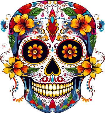 Şeker Kafatası. Ölü Kafatası Günü, beyaz arka planda izole edilmiş. Dia de los Muertos. Meksika şeker kafatası. Logo, amblem, işaret, poster, kart, pankart için tasarım elemanı. Vektör çizimi. Renk