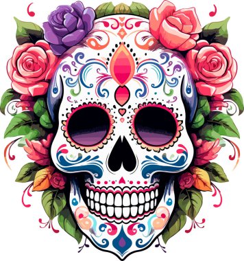 Sugar Skulls. Day of the Dead Skull, isolated on white background. Dia de los Muertos. Mexican sugar skull. Design element for logo, emblem, sign, poster, card, banner. Vector illustration. Color clipart