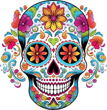 Şeker Kafatası. Ölü Kafatası Günü, beyaz arka planda izole edilmiş. Dia de los Muertos. Meksika şeker kafatası. Logo, amblem, işaret, poster, kart, pankart için tasarım elemanı. Vektör çizimi. Renk