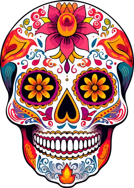 Şeker Kafatası. Ölü Kafatası Günü, beyaz arka planda izole edilmiş. Dia de los Muertos. Meksika şeker kafatası. Logo, amblem, işaret, poster, kart, pankart için tasarım elemanı. Vektör çizimi. Renk