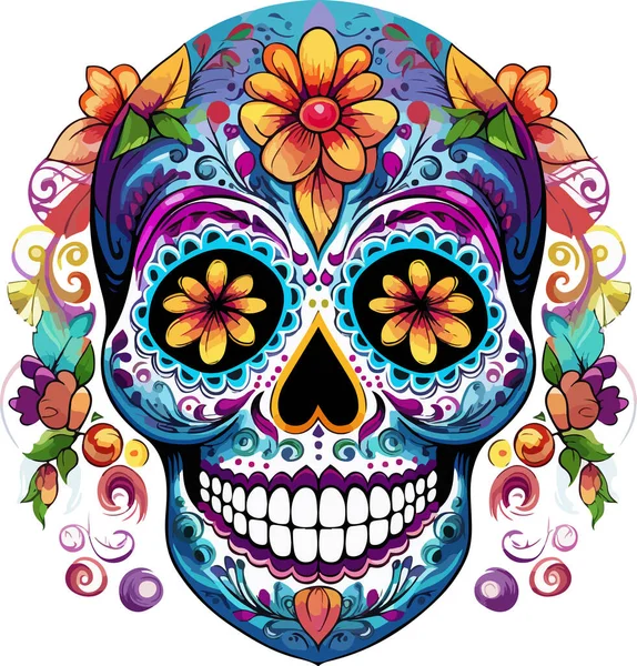 Şeker Kafatası. Ölü Kafatası Günü, beyaz arka planda izole edilmiş. Dia de los Muertos. Meksika şeker kafatası. Logo, amblem, işaret, poster, kart, pankart için tasarım elemanı. Vektör çizimi. Renk