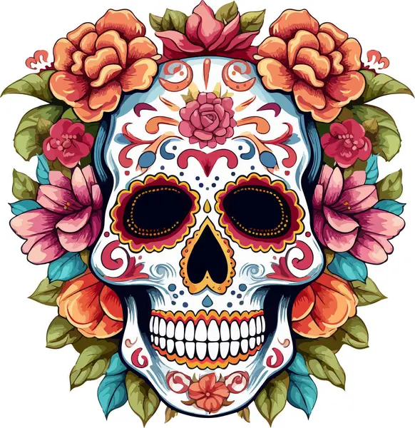 Şeker Kafatası. Ölü Kafatası Günü, beyaz arka planda izole edilmiş. Dia de los Muertos. Meksika şeker kafatası. Logo, amblem, işaret, poster, kart, pankart için tasarım elemanı. Vektör çizimi. Renk