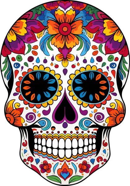 Şeker Kafatası. Ölü Kafatası Günü, beyaz arka planda izole edilmiş. Dia de los Muertos. Meksika şeker kafatası. Logo, amblem, işaret, poster, kart, pankart için tasarım elemanı. Vektör çizimi. Renk
