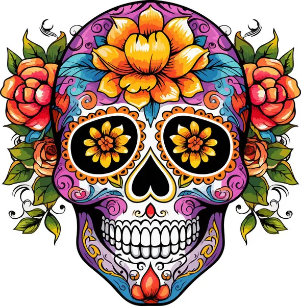 Şeker Kafatası. Ölü Kafatası Günü, beyaz arka planda izole edilmiş. Dia de los Muertos. Meksika şeker kafatası. Logo, amblem, işaret, poster, kart, pankart için tasarım elemanı. Vektör çizimi. Renk