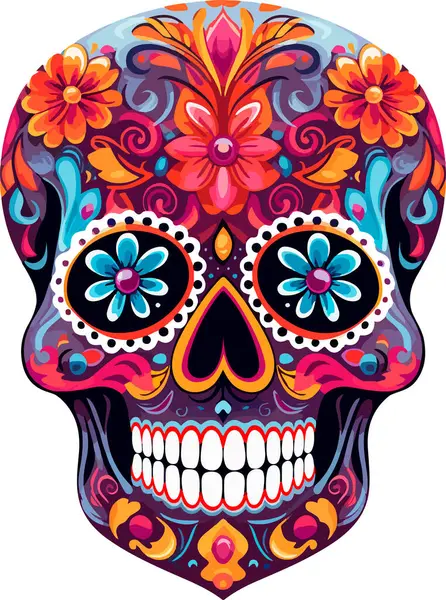 Şeker Kafatası. Ölü Kafatası Günü, beyaz arka planda izole edilmiş. Dia de los Muertos. Meksika şeker kafatası. Logo, amblem, işaret, poster, kart, pankart için tasarım elemanı. Vektör çizimi. Renk