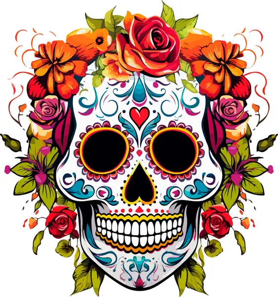 Şeker Kafatası. Ölü Kafatası Günü, beyaz arka planda izole edilmiş. Dia de los Muertos. Meksika şeker kafatası. Logo, amblem, işaret, poster, kart, pankart için tasarım elemanı. Vektör çizimi. Renk