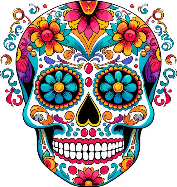 Şeker Kafatası. Ölü Kafatası Günü, beyaz arka planda izole edilmiş. Dia de los Muertos. Meksika şeker kafatası. Logo, amblem, işaret, poster, kart, pankart için tasarım elemanı. Vektör çizimi. Renk