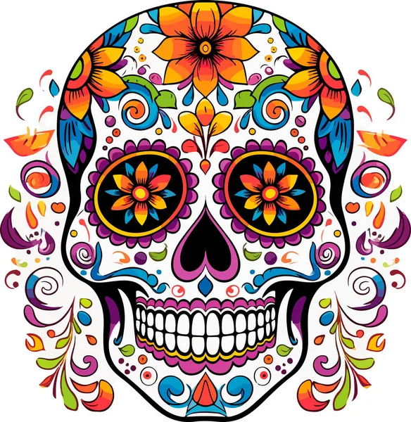 Şeker Kafatası. Ölü Kafatası Günü, beyaz arka planda izole edilmiş. Dia de los Muertos. Meksika şeker kafatası. Logo, amblem, işaret, poster, kart, pankart için tasarım elemanı. Vektör çizimi. Renk