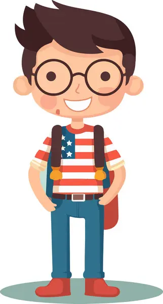 Gözlüklü ve kırmızı çizgili tişörtlü ABD bayrağı taşıyan bir çocuk. Amerikan tarzı, erkek, kız, çocuk karakteri, basit vektör, düz vektör tasarımı, el çizimi moda illüstrasyon, büyük renkli vektör, izole edilmiş.