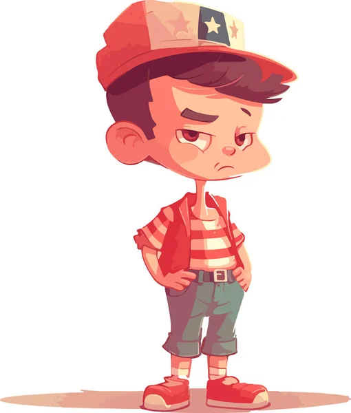 Şapkalı ve şortlu şirin bir çocuk. Vektör çizimi... Amerikan tarzı, erkek, kız, çocuk karakteri, basit vektör, düz vektör tasarımı, el çizimi illüstrasyon, büyük renkli vektör, izole edilmiş.