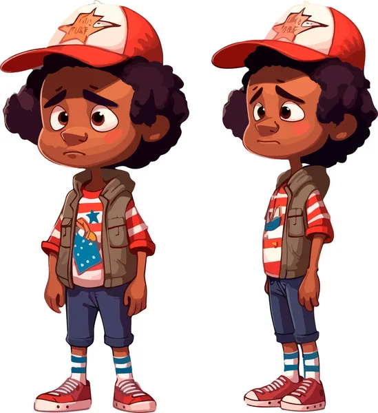 Gözlüklü ve kırmızı çizgili tişörtlü ABD bayrağı taşıyan bir çocuk. Amerikan tarzı, erkek, kız, çocuk karakteri, basit vektör, düz vektör tasarımı, el çizimi moda illüstrasyon, büyük renkli vektör, izole edilmiş.
