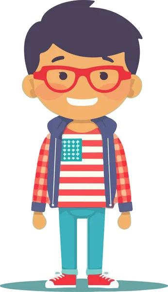 Gözlüklü ve kırmızı çizgili tişörtlü ABD bayrağı taşıyan bir çocuk. Amerikan tarzı, erkek, kız, çocuk karakteri, basit vektör, düz vektör tasarımı, el çizimi moda illüstrasyon, büyük renkli vektör, izole edilmiş.