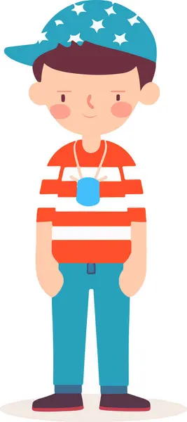 Gözlüklü ve kırmızı çizgili tişörtlü ABD bayrağı taşıyan bir çocuk. Amerikan tarzı, erkek, kız, çocuk karakteri, basit vektör, düz vektör tasarımı, el çizimi moda illüstrasyon, büyük renkli vektör, izole edilmiş.