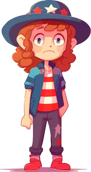 Küçük Kızıl Saçlı Korsan Çocuk 'un tasviri Şapka Giyen ve kırmızı çizgili tişörtlü, üzerinde ABD bayrağı olan. Amerikan tarzı, erkek, kız, çocuk karakteri, basit vektör, düz vektör tasarımı, el çizimi moda illüstrasyon