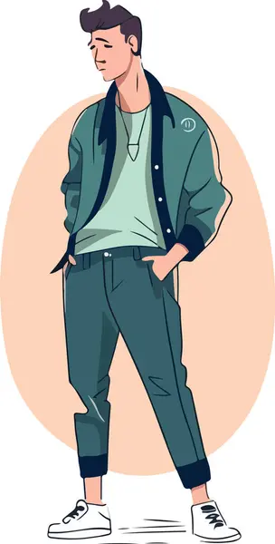 Gündelik giysiler içinde yakışıklı bir genç. Çizgi film tarzında vektör illüstrasyonu.Adam, basit vektör, düz vektör tasarımı, el çizimi moda illüstrasyonu, büyük renkli vektör, tüm elementler izole edilmiştir.