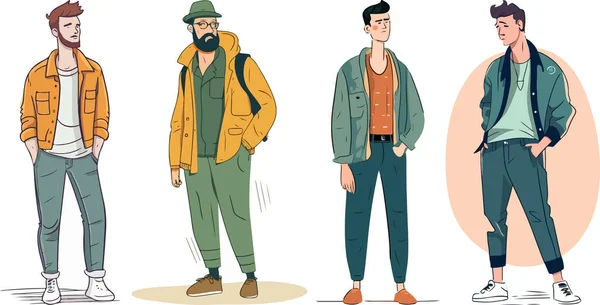 Gündelik giysiler içinde yakışıklı bir genç. Çizgi film tarzında vektör illüstrasyonu.Adam, basit vektör, düz vektör tasarımı, el çizimi moda illüstrasyonu, büyük renkli vektör, tüm elementler izole edilmiştir.
