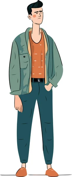 Gündelik giysiler içinde yakışıklı bir genç. Çizgi film tarzında vektör illüstrasyonu.Adam, basit vektör, düz vektör tasarımı, el çizimi moda illüstrasyonu, büyük renkli vektör, tüm elementler izole edilmiştir.