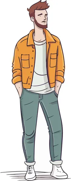 Gündelik giysiler içinde yakışıklı bir genç. Çizgi film tarzında vektör illüstrasyonu.Adam, basit vektör, düz vektör tasarımı, el çizimi moda illüstrasyonu, büyük renkli vektör, tüm elementler izole edilmiştir.