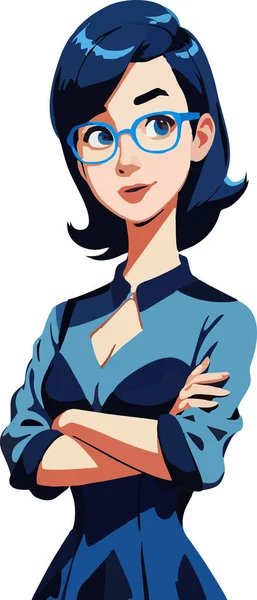 Mavi elbiseli ve gözlüklü güzel bir bayan. Vektör illüstrasyonu.