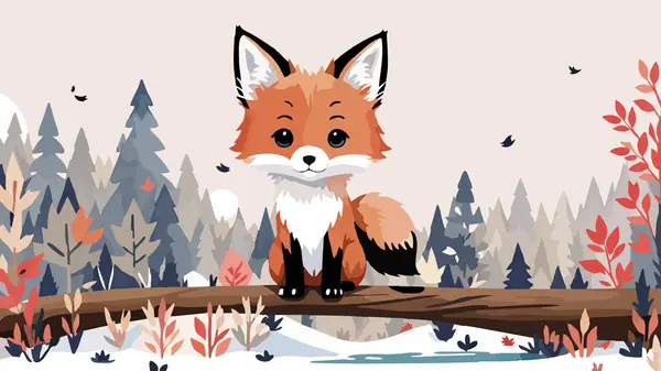 Ormandaki bir dalda oturan şirin tilki. Vektör illüstrasyonu.