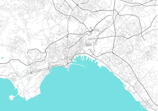 İtalya 'nın Napoli şehrinin sokak haritası. Napoli yol haritası. Napoli sokaklarının siyah-beyaz (mavi) çizimi. İtalya Yazdırılabilir poster.