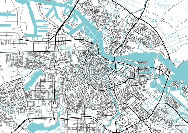 Hollanda 'daki Amsterdam şehrinin sokak haritası. Hollanda yol haritası. Siyah ve beyaz (mavi)