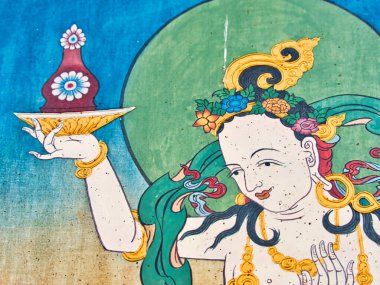 LA BOULAYE, FRANCE - Nisan 2018. Bin Budist tapınağındaki tapınak duvarındaki Budist hikayesinin çok renkli duvar resimleri. Buddha Yaşamı Sahnesi