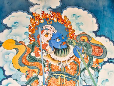 LA BOULAYE, FRANCE - Nisan 2018. Bin Budist tapınağındaki tapınak duvarındaki Budist hikayesinin çok renkli duvar resimleri. Buddha Yaşamı Sahnesi