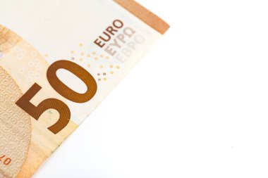Beyaz arka planda 50 avroluk banknot. Fransa. Metin için yer