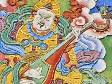 LA BOULAYE, FRANCE - Nisan 2018. Bin Budist tapınağındaki tapınak duvarındaki Budist hikayesinin çok renkli duvar resimleri. Buddha Yaşamı Sahnesi