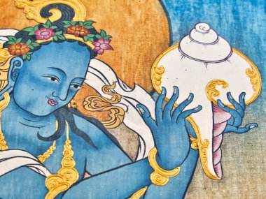 LA BOULAYE, FRANCE - Nisan 2018. Bin Budist tapınağındaki tapınak duvarındaki Budist hikayesinin çok renkli duvar resimleri. Buddha Yaşamı Sahnesi