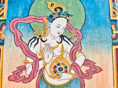 LA BOULAYE, FRANCE - Nisan 2018. Bin Budist tapınağındaki tapınak duvarındaki Budist hikayesinin çok renkli duvar resimleri. Buddha Yaşamı Sahnesi