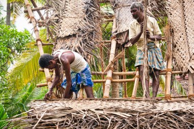Çapulcu, TAMIL NADU - Aralık 2018. Tanımlanamayan Hintli işçiler turistlere servis yapmak için odunluğun tepesini hindistan cevizi yapraklarıyla kapladılar. Dalit halkı için zor bir iş.