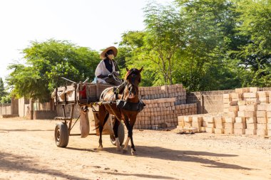 Bour, Senegal - Ocak CIRCA, 2022. Şehirlerde eşek ya da at arabasıyla yerel insan nakliyesi ve teslimat. Yerel geleneksel vagonda oturan Afrikalılar.