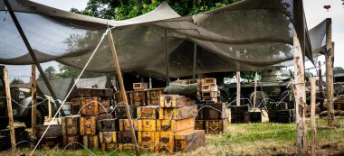 Aziz Michael L 'Eglise, Normandiya, Fransa - 6 Haziran 2023. İkinci Dünya Savaşı anısına. Askeri kamp yeniden yapılanma mühimmatı bir çok tahta kutuda çadırın altında.