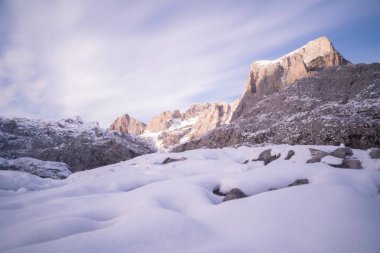 snowy mountains in winter in Picos de Europa National Park, Spain. High quality photo