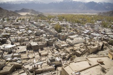 Hint Himalayaları 'ndaki Ladakh saltanatının başkenti Leh şehrinin panoramik manzarası. Yüksek kalite fotoğraf