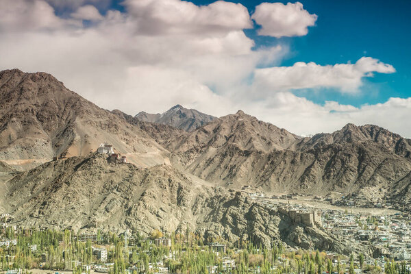 panoramical view of the city of Leh, capital of the reign of Ladakh in the Indian Himalayas. High quality photo