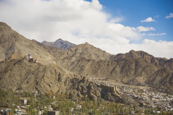 Hint Himalayaları 'ndaki Ladakh saltanatının başkenti Leh şehrinin panoramik manzarası. Yüksek kalite fotoğraf