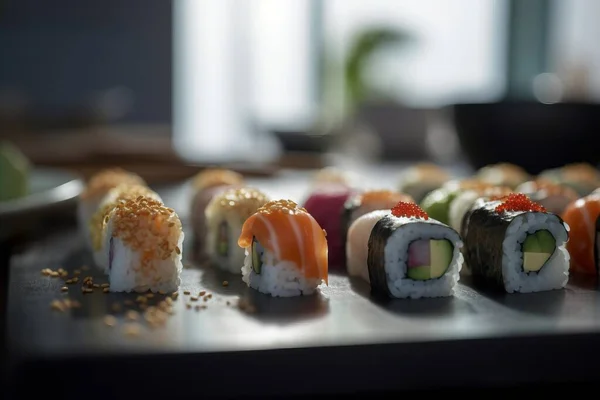 Set Sushi Wooden Board Japanese Restaurant Blurred Background High Quality Photos De Stock Libres De Droits