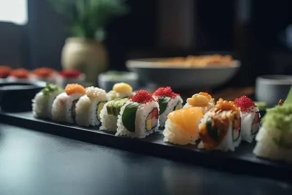 Set Sushi Wooden Board Japanese Restaurant Blurred Background High Quality Imágenes De Stock Sin Royalties Gratis