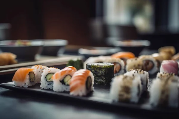Set Sushi Wooden Board Japanese Restaurant Blurred Background High Quality Imagen De Stock